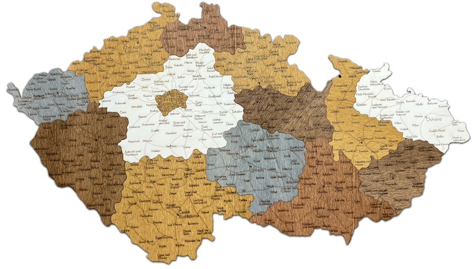 Dřevěná mapa Česka 3D / 2D na zeď - nástěnná