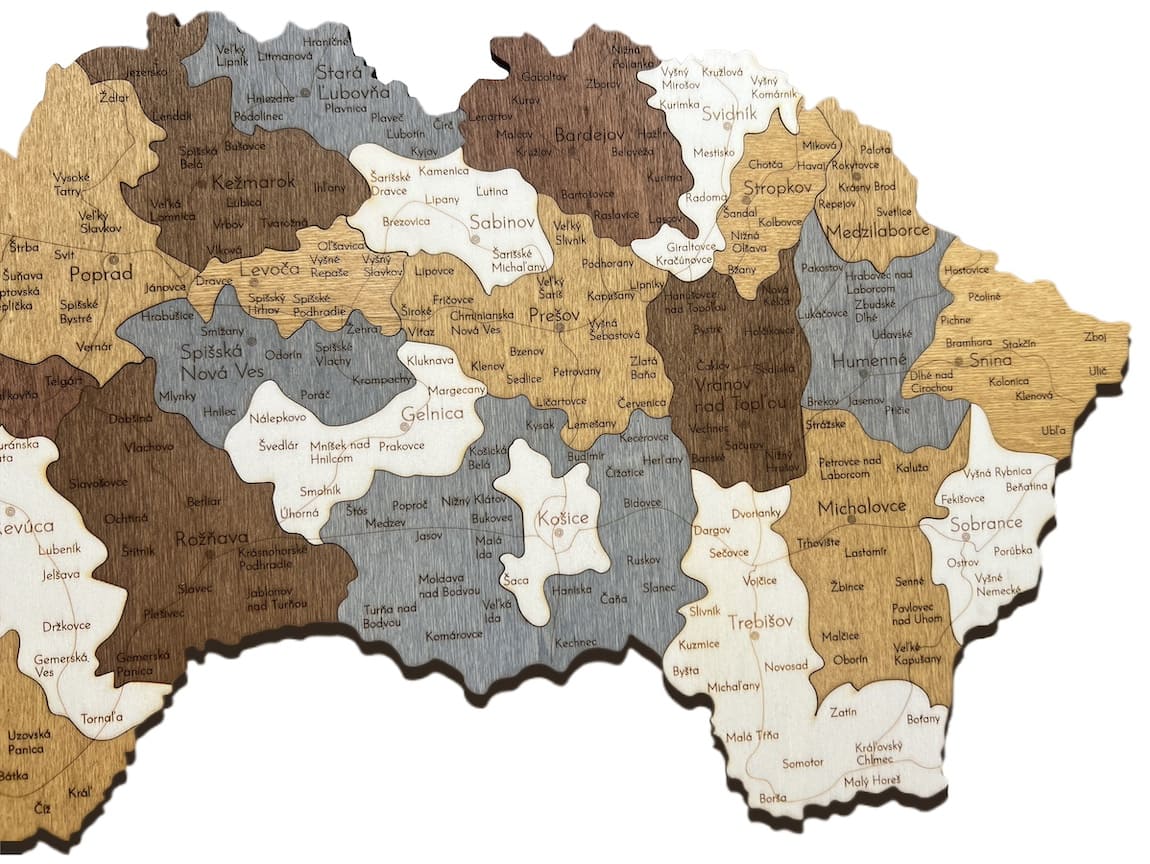 nástěnná mapa Slovensko města obce dřevěná 3d nastěnna