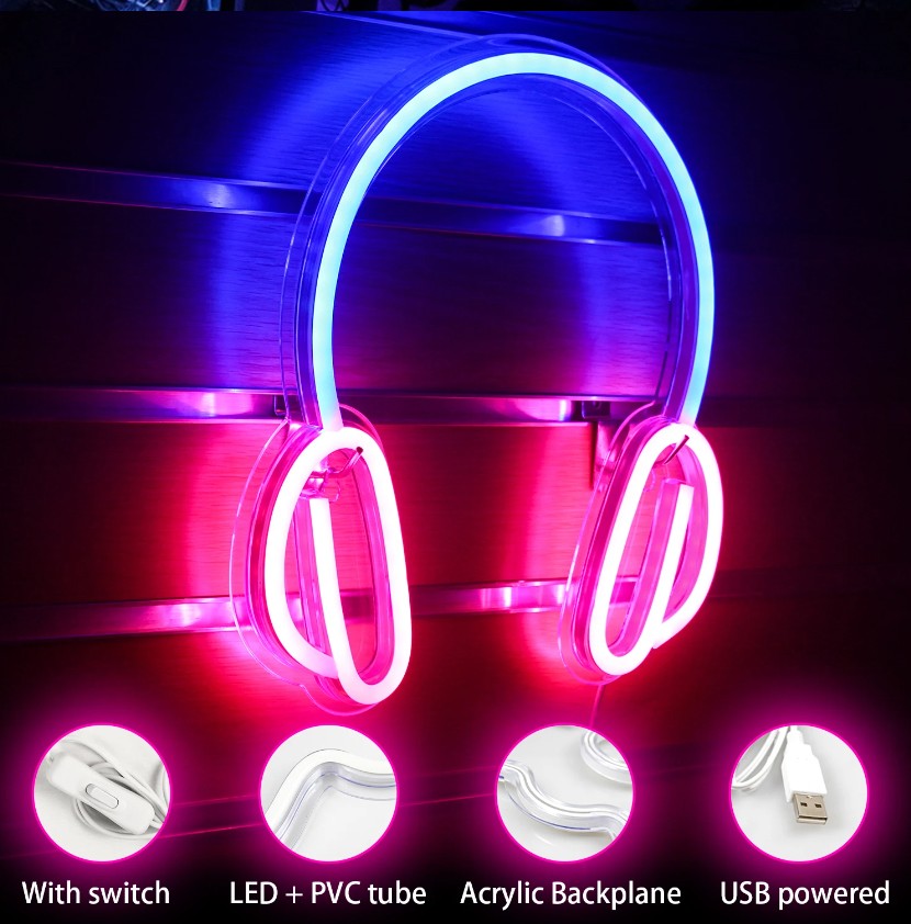 sluchadla headphones - svítící napis na zeď led reklama neon